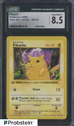 1999 Pokemon Base Set 1st Edition Shadowless #58 Pikachu Yellow Cheeks CGC 8.5 - Image 1