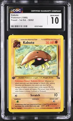 CGC 10 GEM MINT Kabuto 1999 Fossil 1st Edition 50/62 Pokemon Card - Image 1