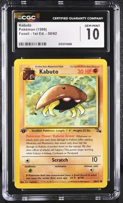 CGC 10 GEM MINT Kabuto 1999 Fossil 1st Edition 50/62 Pokemon Card - Image 1
