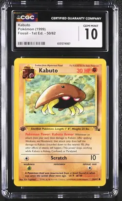 CGC 10 GEM MINT Kabuto 1999 Fossil 1st Edition 50/62 Pokemon Card - Image 1