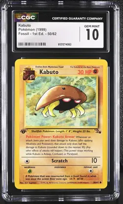 CGC 10 GEM MINT Kabuto 1999 Fossil 1st Edition 50/62 Pokemon Card - Image 1