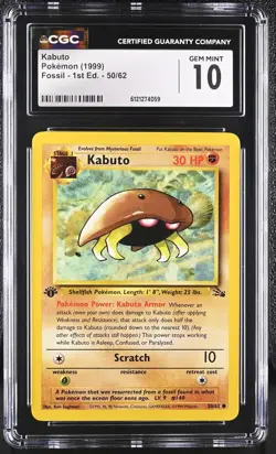 CGC 10 GEM MINT Kabuto 1999 Fossil 1st Edition 50/62 Pokemon Card - Image 1