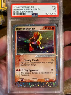 POKEMON 2003 EX Ruby & Sapphire HITMONCHAN EX Holo Double Swirl #98 PSA 7 RARE - Image 1