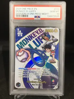 PSA 10 Monkey D Luffy EB02-010 L Dodgers One Piece Night Promo Card English 2025 - Image 1