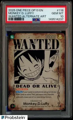 2025 One Piece OP13 EN Wanted Alternate Art #118 Monkey D. Luffy PSA 10 GEM MINT - Image 1