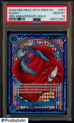 2026 One Piece OP14-EB04 EN 3rd Anniversary Gold #051 Buggy PSA 10 GEM MINT - Image 1