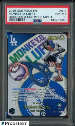 2025 ONE PIECE PROMOS DODGERS X ONE PIECE NIGHT #010 MONKEY D. LUFFY PSA 8 - Image 1