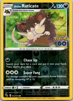 Alolan Raticate 042/078 2022 Pokemon GO Pokemon Card TCG Reverse Holo - VLP - Image 1
