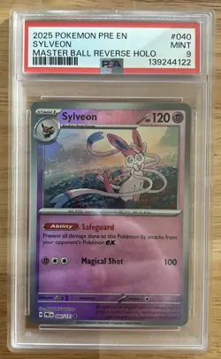 2025 POKEMON PRISMATIC EVOLUTIONS SYLVEON MASTER BALL REVERSE HOLO #040 PSA 9 - Image 1