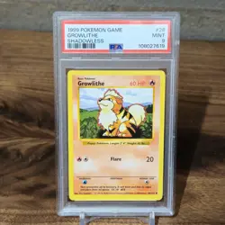 1999 Pokemon BASE SET Growlithe PSA 9 MINT 28/102 SHADOWLESS - Image 1
