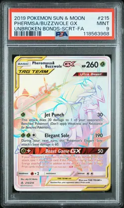 2019 Pokemon Sun Moon Unbroken Bonds Buzzwole GX Pheromosa #215 Secret PSA 9 - Image 1