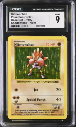 CGC 9 Pokemon English Hitmonchan 7/102 1999 Base Set (Shadowless) Rare Holo - Image 1
