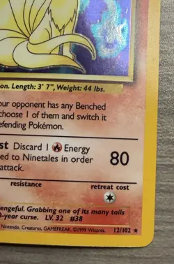 Pokemon TCG Ninetales Holo Rare Unlimited 12/102 Base Set LP - Image 3