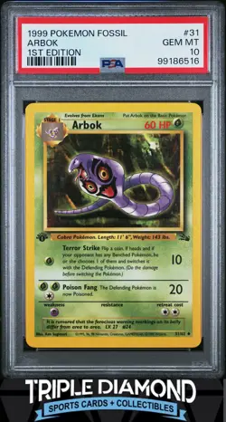 1999 Pokemon Fossil 1st Edition #31/62 Arbok PSA 10 Gem MT FDP107 - Image 1