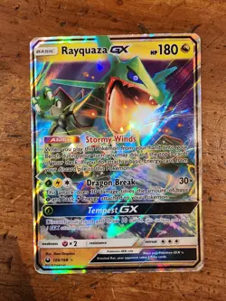 Rayquaza GX 109/168 Pokemon Card Celestial Storm Rare TCG. Damaged. - Image 1
