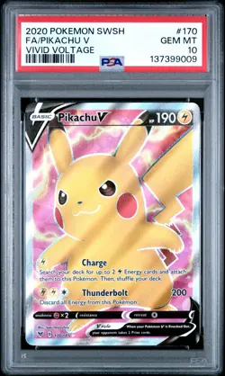PSA 10 PIKACHU V #170 FULL ART POKEMON SWORD & SHIELD VIVID VOLTAGE GEM MINT - Image 1