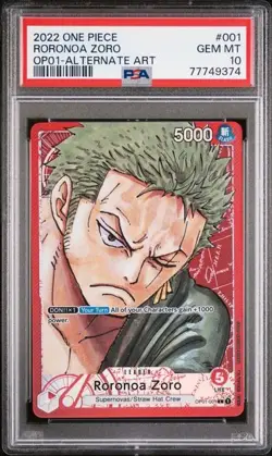 2022 ONE PIECE OP01-ROMANCE DAWN #001 RORONOA ZORO ALTERNATE ART LEADER PSA 10 - Image 1