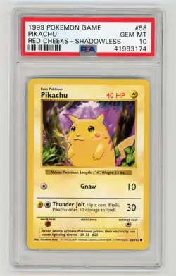 Pokemon Base Set 1999 Shadowless Red Cheeks Pikachu PSA 10 Gem Mint 58/102 - Image 1
