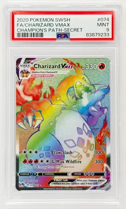 2020 Secret POKEMON SWORD & SHIELD CHAMPION'S PATH #074 Fa Charizard Vmax PSA 9 - Image 1