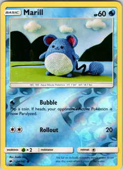 Marill 34/147 SM - Burning Shadows Pokemon TCG NM Reverse Holo - Image 1