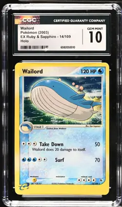 2003 POKEMON EX RUBY & SAPPHIRE WAILORD HOLO 14/109 CGC 10 GEM MINT - Image 1