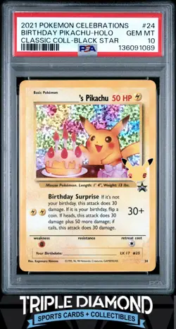 2021 Pokemon Celebrations #24 Birthday Pikachu Holo BSP PSA 10 Gem MT FDP108 - Image 1