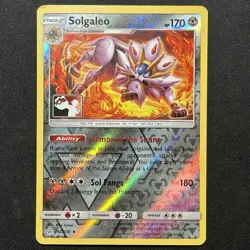SM Cosmic Eclipse Solgaleo 142/236 Reverse Holo Pokemon Club League Play! Stamp - Image 1