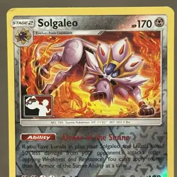 SM Cosmic Eclipse Solgaleo 142/236 Reverse Holo Pokemon Club League Play! Stamp - Image 2