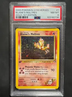 Pokemon Blaine's Moltres 001/132 Gym Heroes Holo 1st Edition PSA 8 - Image 1