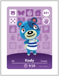221 Kody, Animal Crossing Amiibo Card - Series 3, Authentic, NM - Image 1