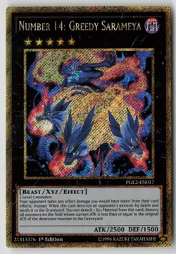 Yugioh Number 14: Greedy Sarameya PGL2-EN017 1st Edition Gold Secret Rare NM - Image 1