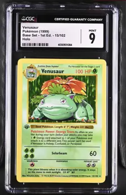 CGC 9 Venusaur 1999 Base Set 1st Edition Shadowless 15/102 Holo Pokemon Card - Image 1