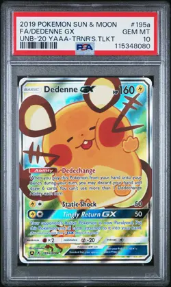 2019 POKEMON SUN & MOON UNBROKEN BONDS #195A FULL ART/DEDENNE GX PSA 10 - Image 1