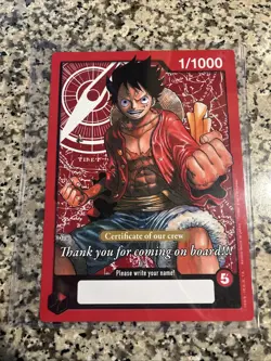 One Piece TCG Monkey.D.Luffy Certificate if our Crew Oversized Jumbo Card - Image 1