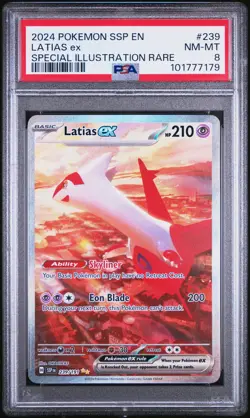 2024 POKEMON SSP EN-SURGING SPARKS SPECIAL ILLUSTRATION RARE LATIAS EX PSA 8 - Image 1