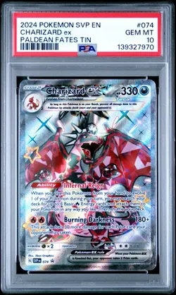 2024 Pokemon PSA Gem Mint 10 Charizard Ex Paldean Fates Tin #074 - Image 1