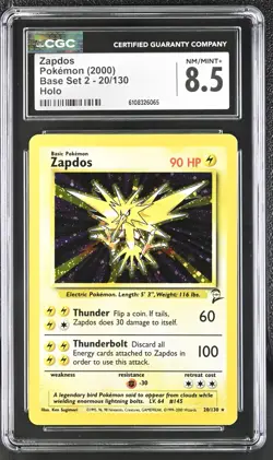 CGC 8.5 Zapdos 2000 Base Set 2 20/130 Holo Pokemon Card - Image 1