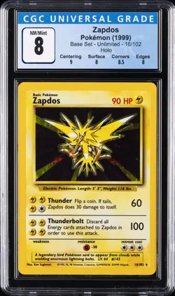 1999 POKEMON BASE SET - UNLIMITED - HOLO #16/102 ZAPDOS CGC 8 - Image 1