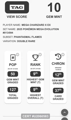 Mega Charizard X ex 013/094: Phantasmal Flames - TAG 10 - Low Pop 50 Pokemon TCG - Image 3