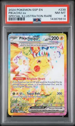 2024 POKEMON PIKACHU EX 238 SPECIAL ILLUSTRATION RARE SURGING SPARKS PSA 8 - Image 1