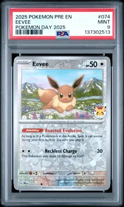 2025 POKEMON PRE EN-PRISMATIC EVOLUTIONS POKEMON DAY 2025 #074 EEVEE PSA 9 - Image 1