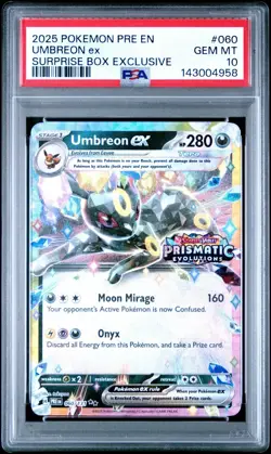 2025 POKEMON PRISMATIC EVOLUTION UMBREON EX SUPRISE BOX STAMP 060/131 PSA 10 - Image 3