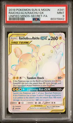 Pokemon Raichu & Alolan Raichu GX (Secret) 241/236 Sm-Unified Minds Holo PSA 9 - Image 1