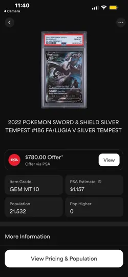 Pokemon TCG Lugia v Alt Art 186/195 Silver Tempest PSA 10 - Image 3