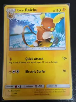 2017 Pokemon TCG Trainer Kit Alolan Raichu Non-Holo Card 17/30 LP Condition - Image 1