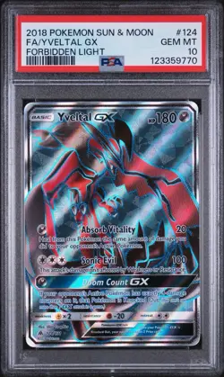 2018 POKEMON SUN & MOON FORBIDDEN LIGHT #124 FULL ART/YVELTAL GX PSA 10 - Image 1