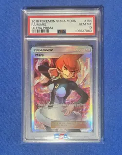 2018 Pokemon Mars 154/156 TCG Sun & Moon Ultra Prism Ultra Rare Full Art PSA 10 - Image 1