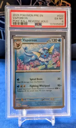2025 POKEMON PRE EN-PRISMATIC EVOLUTIONS POKE BALL REVERSE HOLO VAPOREON PSA 6 - Image 1