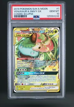 Pokemon 2019 Cosmic Eclipse Venusaur & Snivy GX 1/236 PSA 10 - Image 1