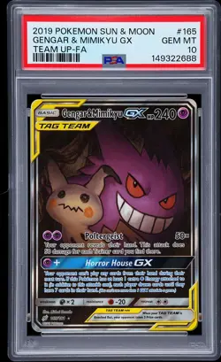 2019 POKEMON SUN & MOON TEAM UP #165 FULL ART/GENGAR & MIMIKYU GX PSA 10 - Image 1